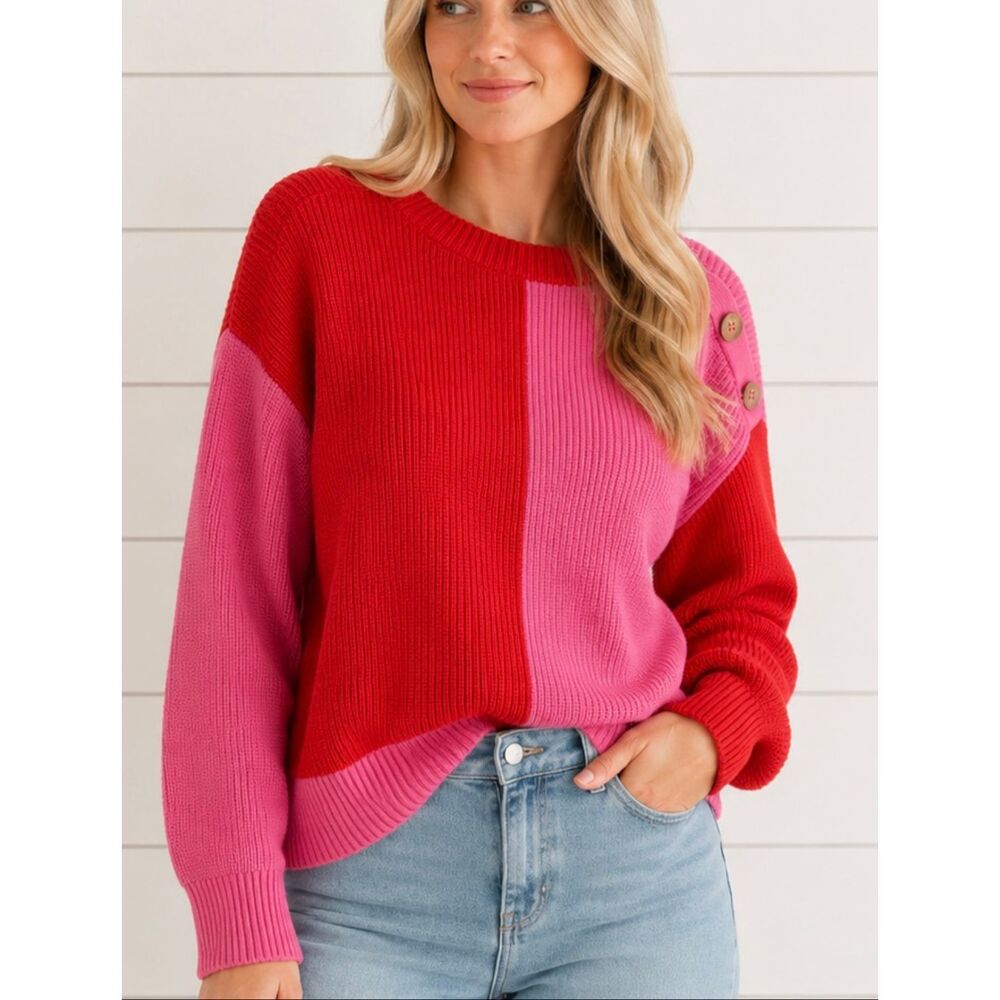 On 34th colorblock pink and red button shoulder sweater M